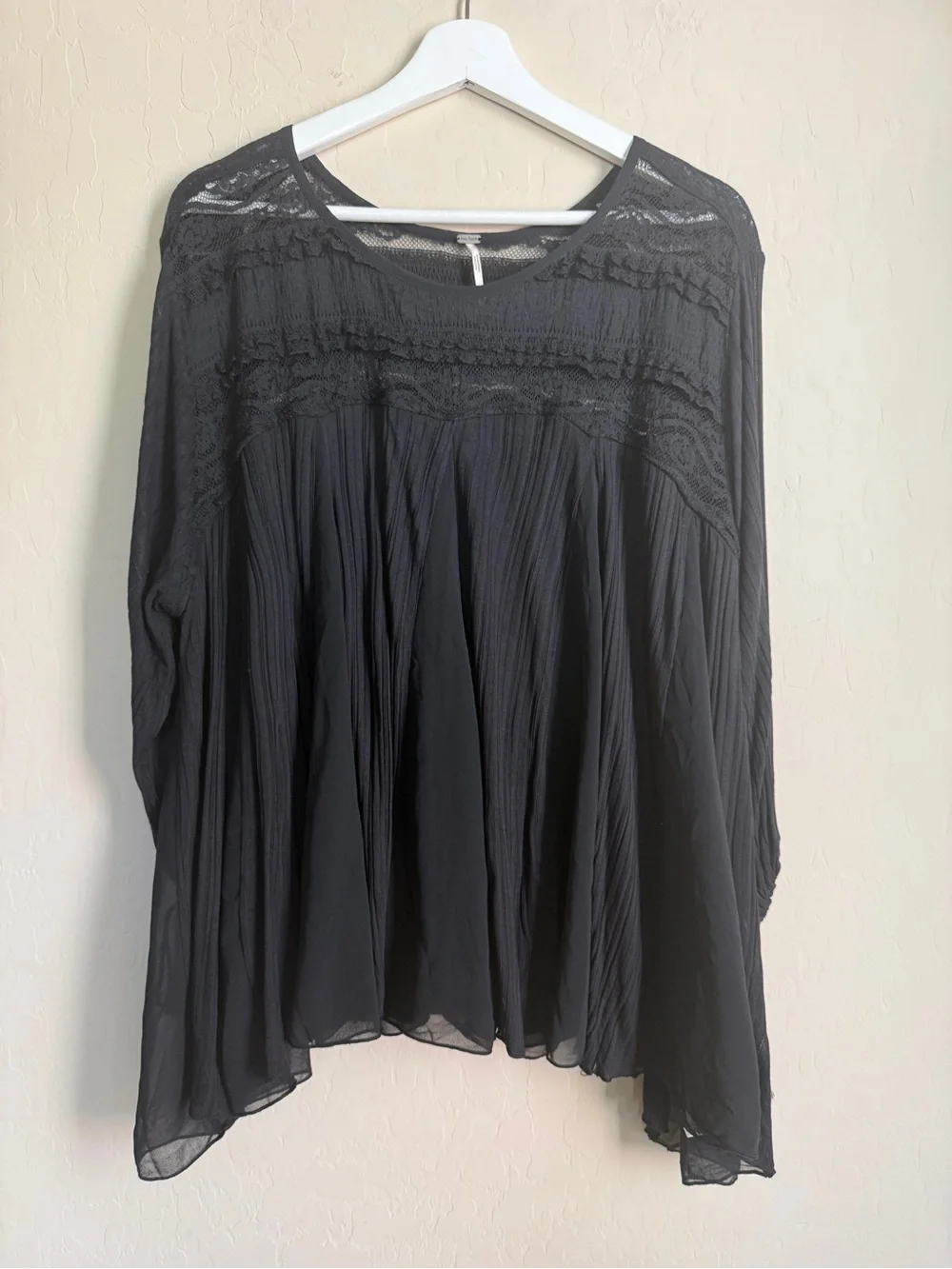 Free People Sheer Black Lace Yoke Bell Sleeve Boho Lace Blouse Flowy Sheer Small